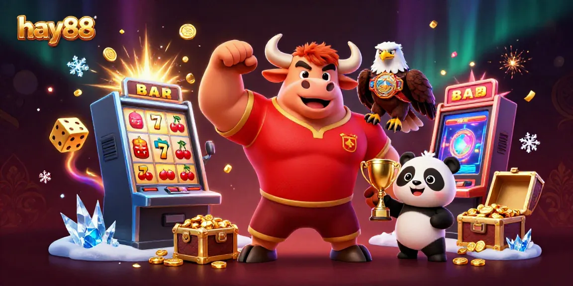 Experience excitement at hay88 with cartoon characters amidst lively casino elements and a jackpot explosion.