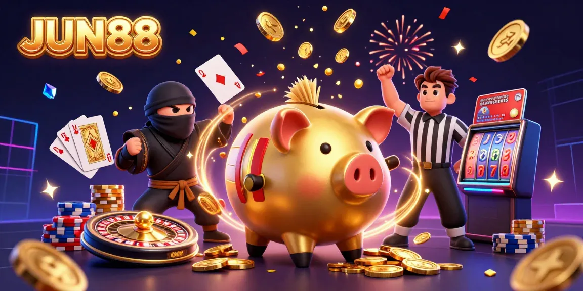 JUN88 features a lively casino scene with a golden piggy bank sumo wrestler and vibrant game elements.