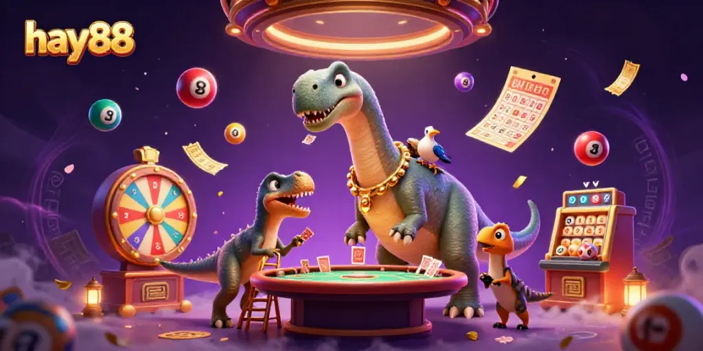 Experience the vibrant gaming atmosphere of hay88 with playful 3D characters amidst dynamic casino elements.