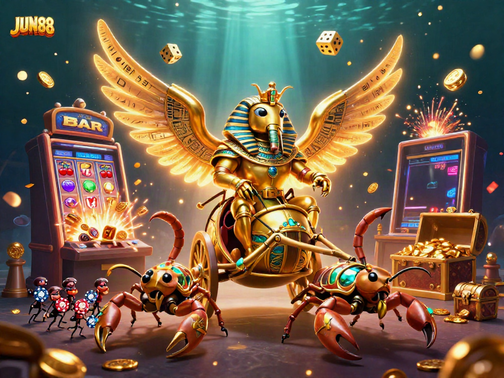 Experience the thrill of JUN88 casino with a vibrant 3D scene showcasing exciting gaming elements.