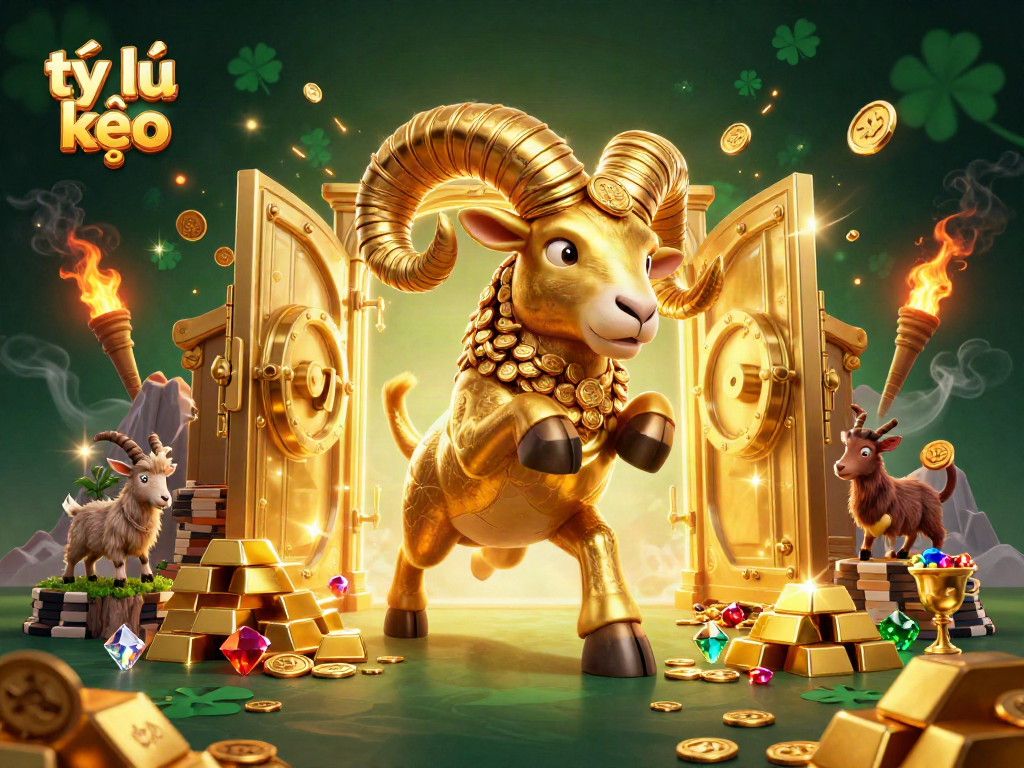 Experience the dynamic excitement of tỷ lệ kèo casinos, visualizing an energetic scene with gold treasures and game elements.