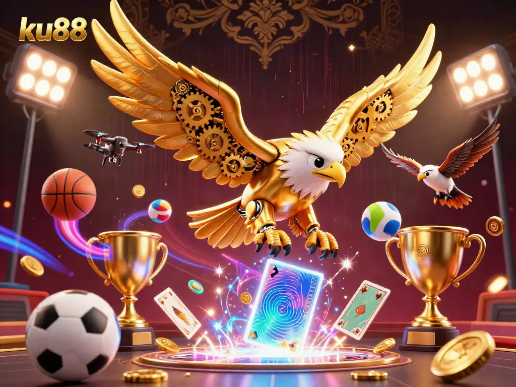 Experience thrilling betting excitement at ku88 with a dynamic scene of a cybernetic eagle amidst holographic cards and sports elements.