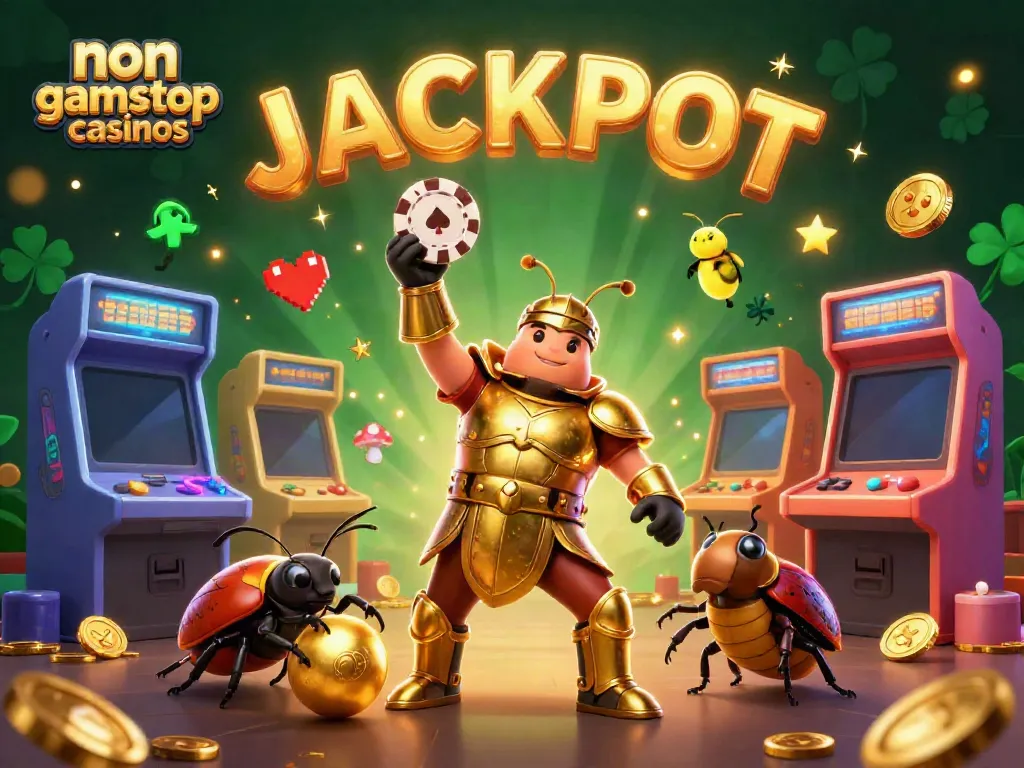 Engaging scene showcasing non gamstop casinos with cartoon beetles celebrating a jackpot!