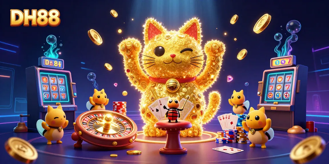 Experience the thrill of gaming at DH88 with a vibrant 3D illustration featuring a lucky cat and casino symbols.