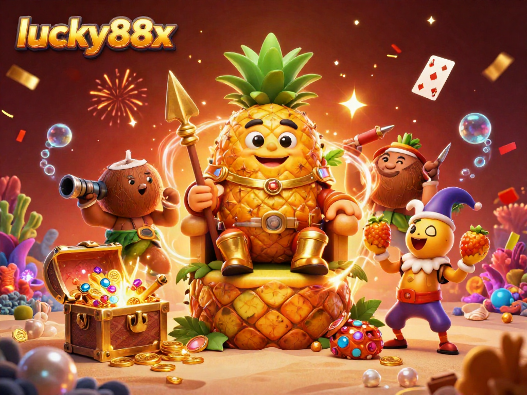 Experience thrilling gameplay at lucky88x with a vibrant illustration of casino adventures featuring golden treasures and dynamic characters.