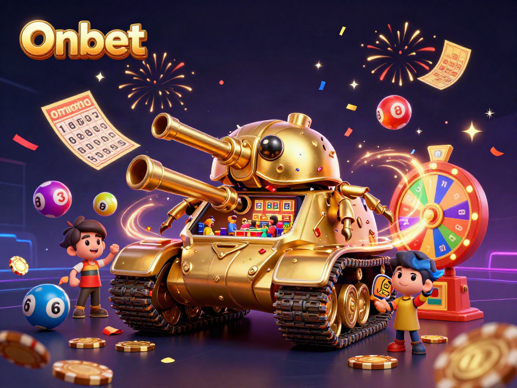 Onbet's vibrant 3D casino scene featuring a golden beetle tank revealing a mini casino.