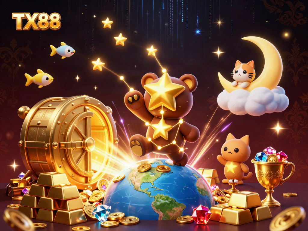 TX88 engages players in a vibrant 3D casino scene filled with gold coins and gems.