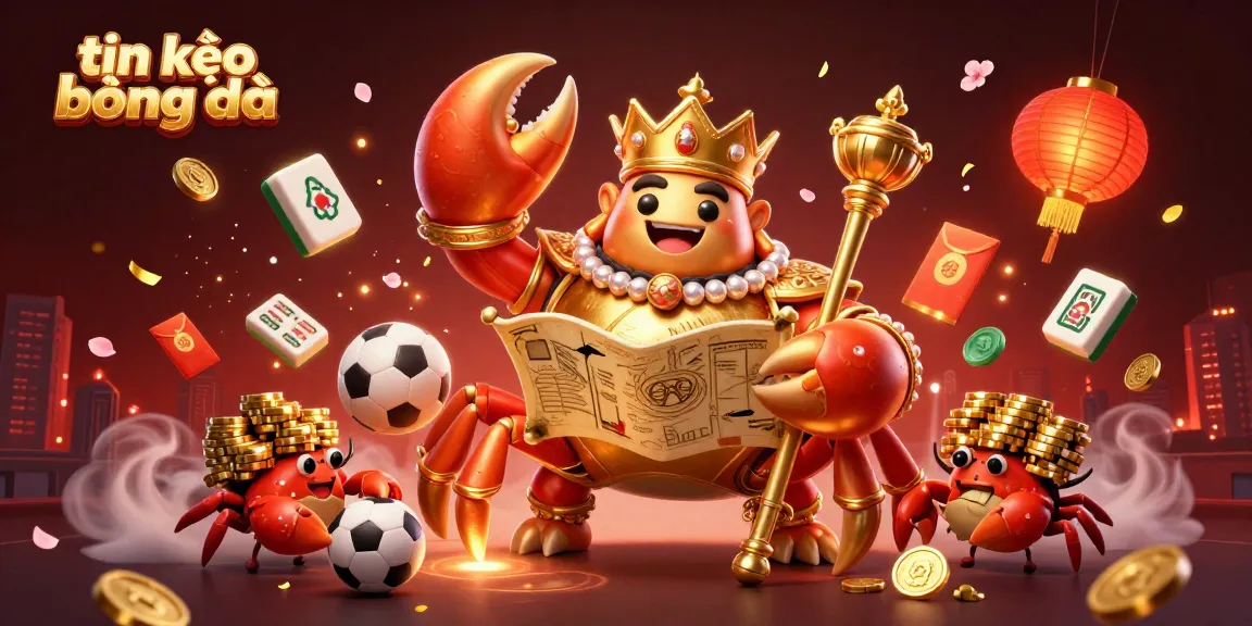 Engaging scene showing the title "tin kèo bóng đá," featuring a golden crab emperor in a vibrant gambling setting.