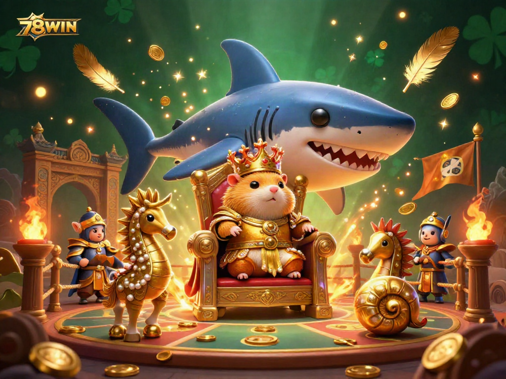 Experience thrilling gameplay at 78WIN with vibrant 3D gaming elements featuring a regal hamster king and dynamic casino symbols.