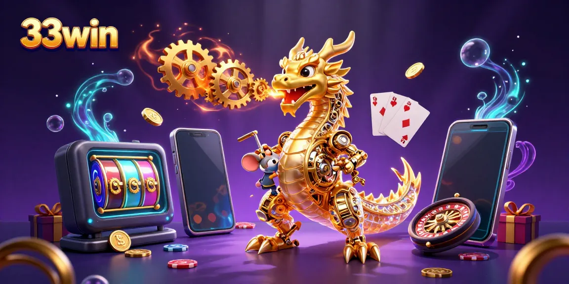 Engage with 33win's exciting gaming world through a vibrant 3D dragon and gaming elements.