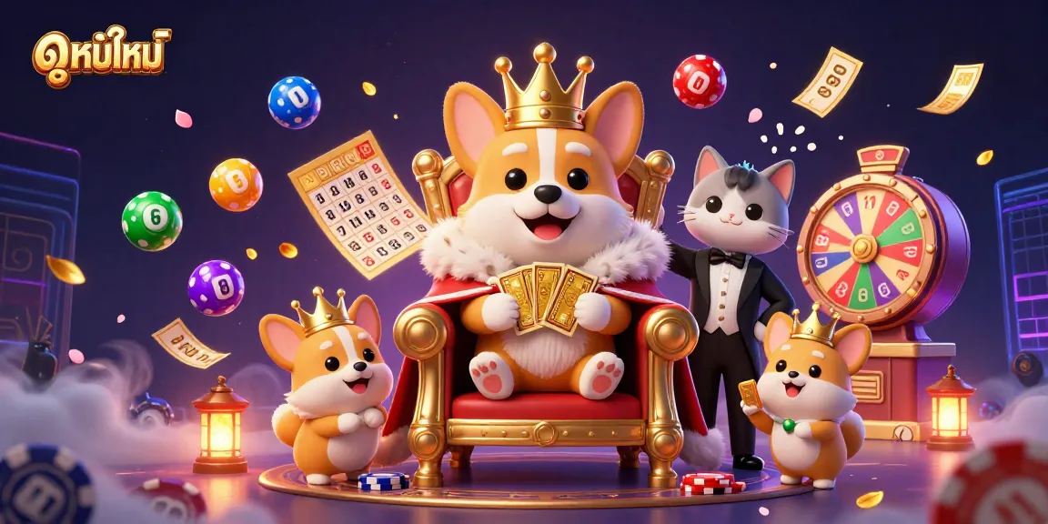 Engage in thrilling ดูหนังใหม่ experiences with vibrant casino elements featuring a royal corgi and dynamic game symbols.