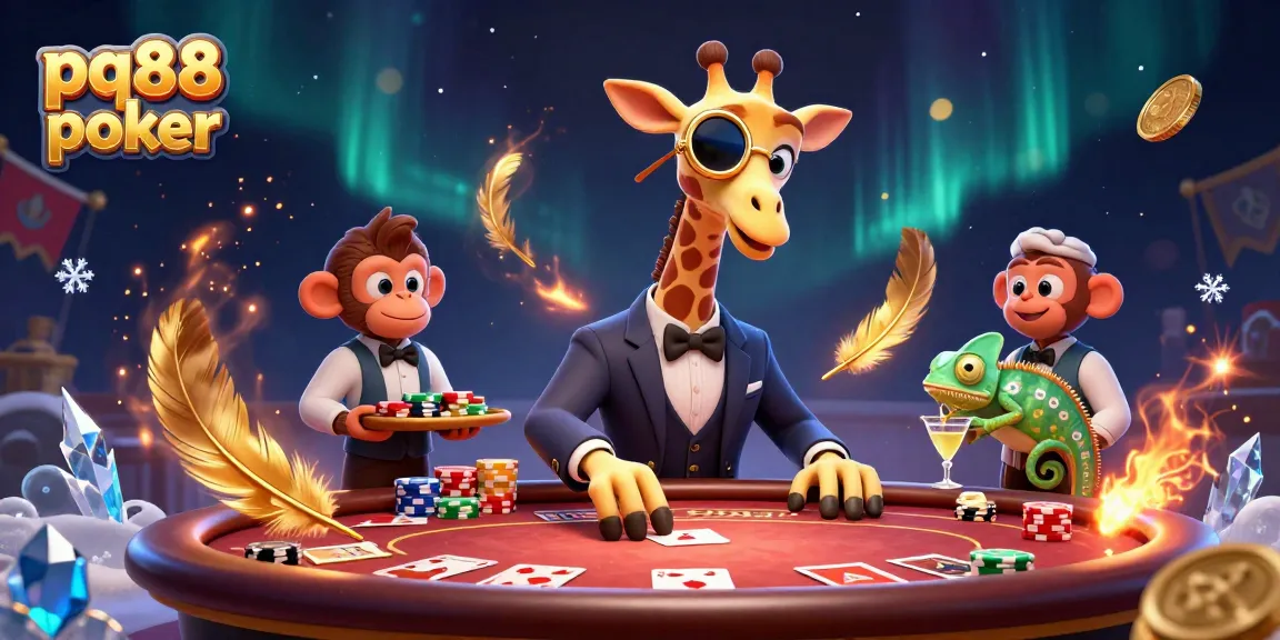 Experience high-stakes poker action with pq88 poker in a vibrant 3D illustration of animated characters at a dynamic game table.