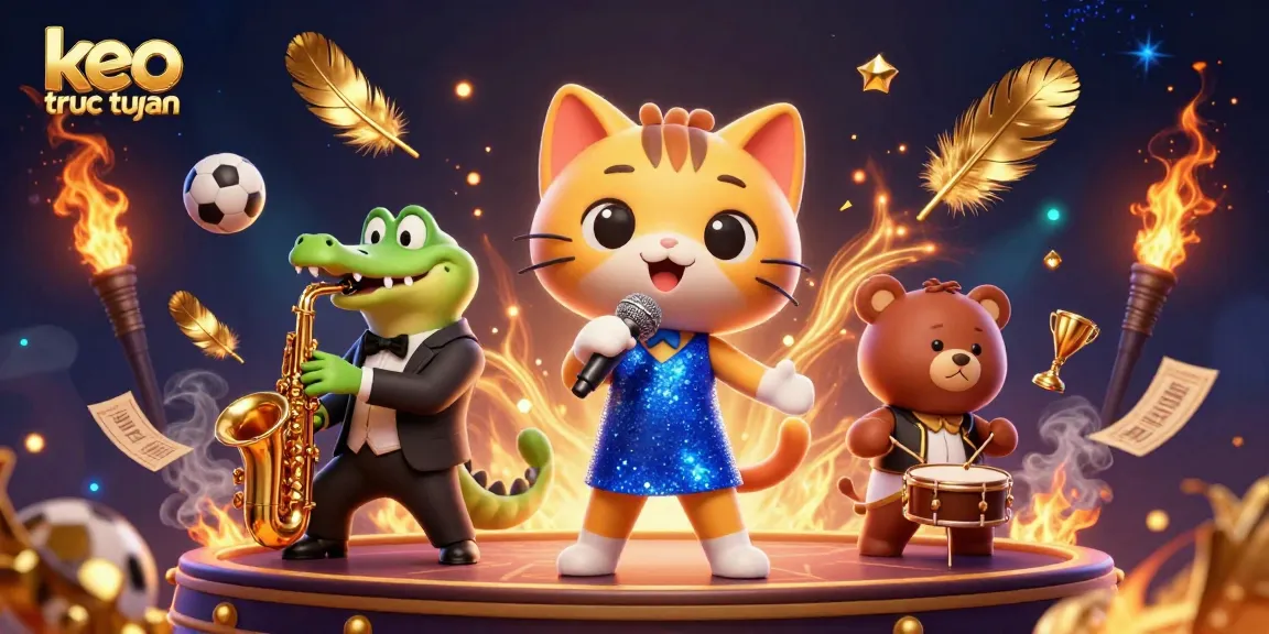 Engage with the thrilling keo truc tuyen scene featuring lively animal characters amidst sports elements and vibrant effects.
