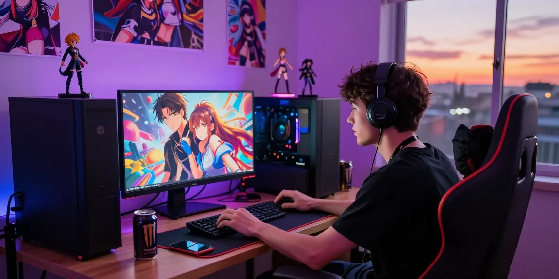 Immersive gaming experience with a young adult playing gay hentai games on a high-end PC, surrounded by anime collectibles and vibrant lighting.