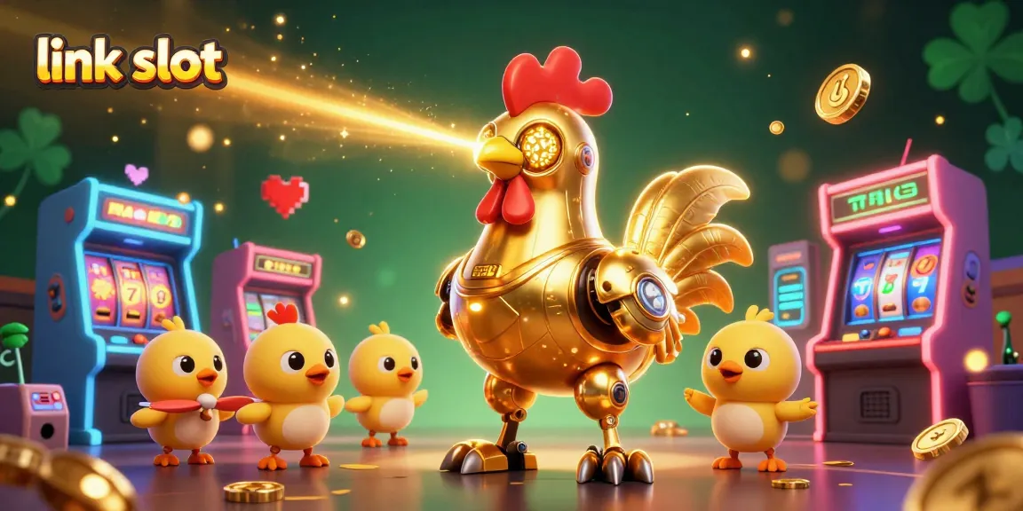 Play thrilling slot games with link slot: golden rooster robot and baby chick drones in a colorful arcade.
