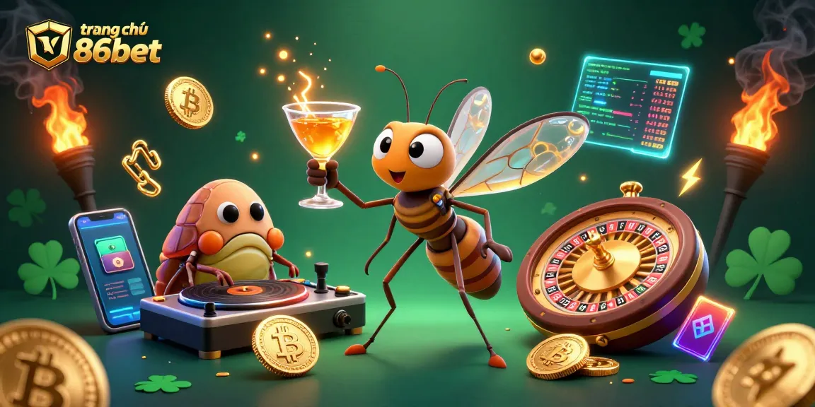 Experience gaming excitement at trang chủ 86bet with 3D characters illustrating dynamic casino action and crypto elements.