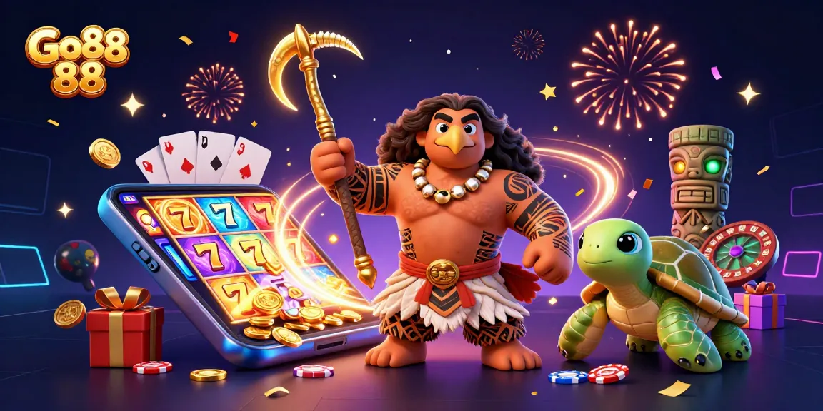 Spin to win with Go 88 in this vibrant casino-themed illustration showcasing exciting gaming elements.