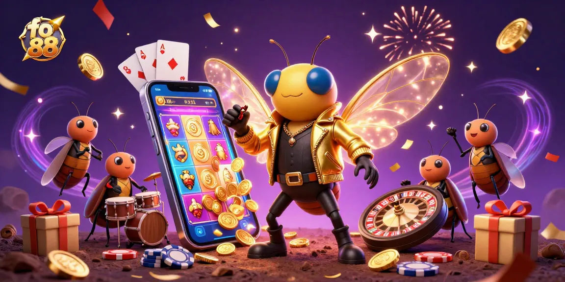 Experience the thrill of fo 88 with vibrant casino games celebrating in a dynamic 3D scene.