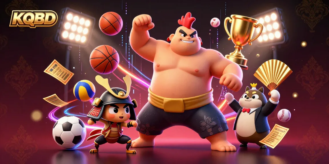 KQBD showcases live sports results with dynamic characters in a colorful 3D illustration, enhancing the gambling experience.