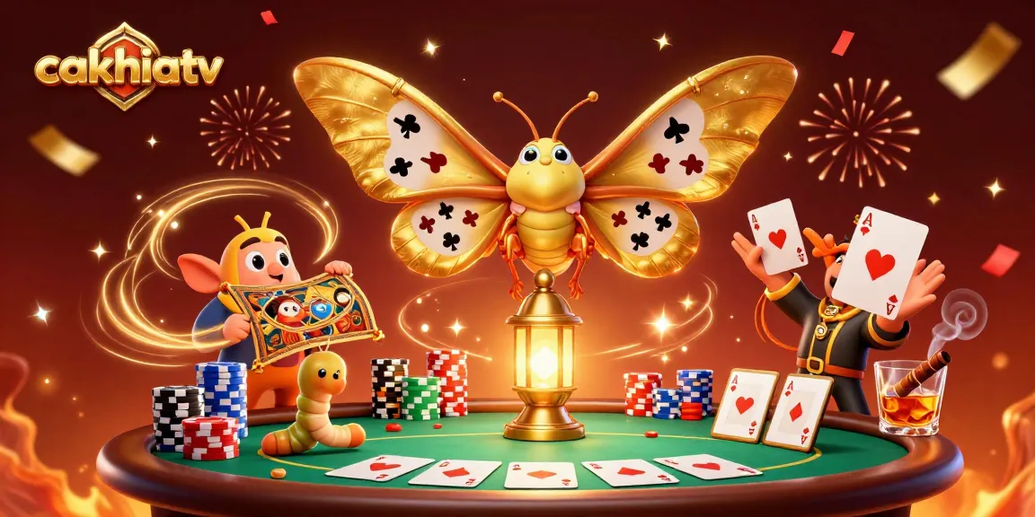 Experience thrilling gaming vibes with cakhiatv, featuring vibrant casino elements and an enchanting moth.