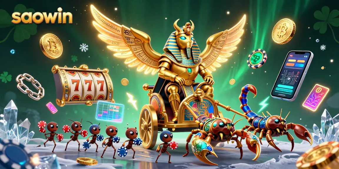 Join the excitement at saowin with this vibrant casino scene featuring a golden scarab and dynamic game elements.