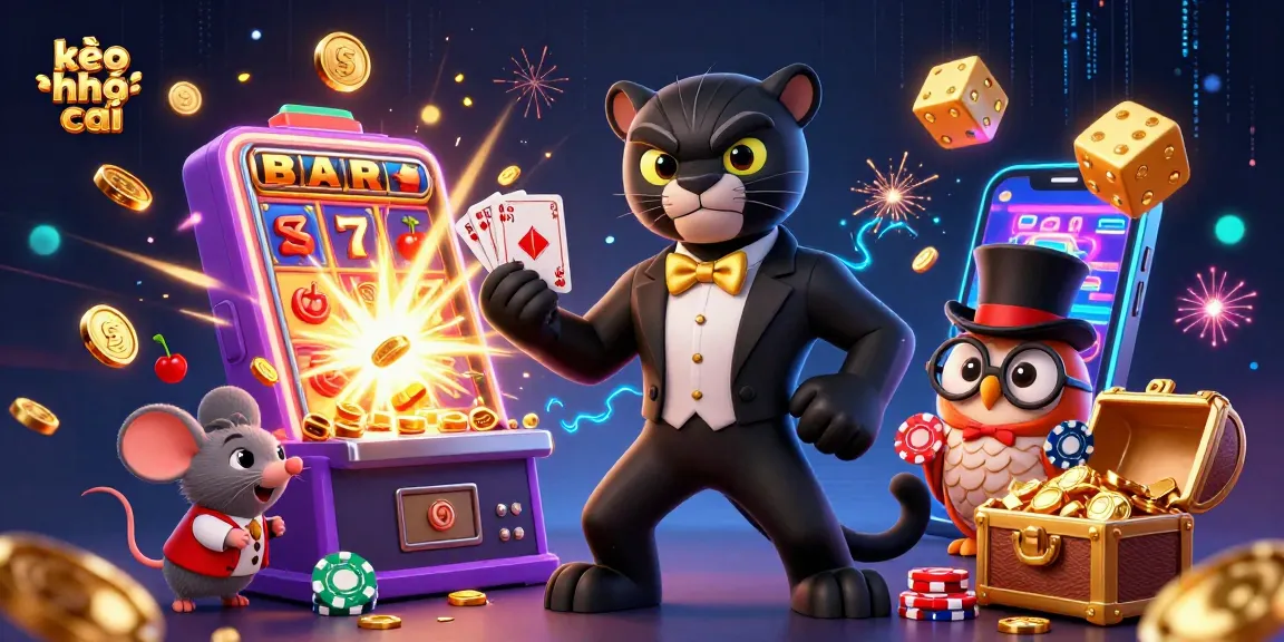 Experience thrilling kèo nhà cái action with a stylish panther, wise owl, and lucky mouse amid vibrant casino visuals.
