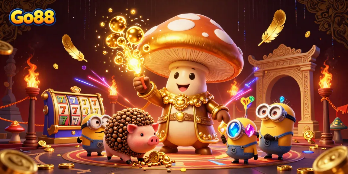 Experience the excitement of Go88 with a vibrant 3D illustration featuring a magical gambling theme.