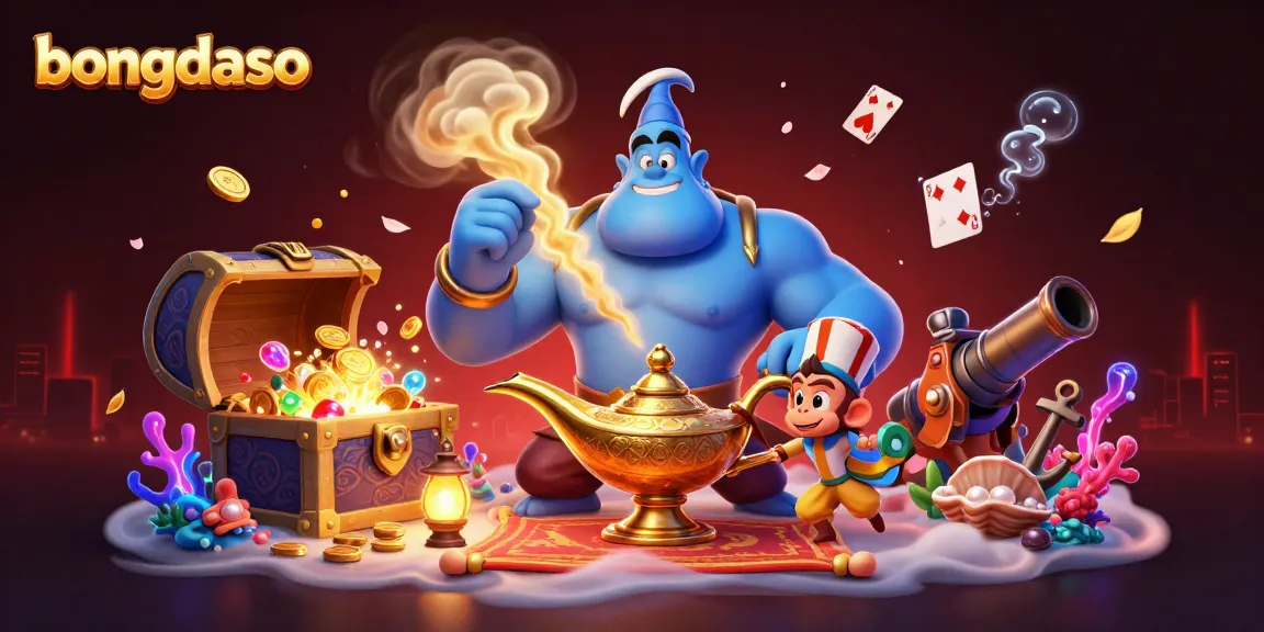 Experience bongdaso's immersive casino vibes with a dynamic 3D illustration of a genie, monkey, and poker chips