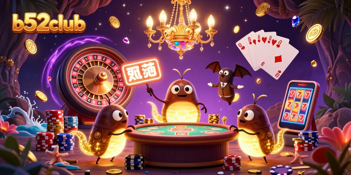 Experience b52club's vibrant casino with glowworms illuminating card tables and a bat dealer in a stunning 3D scene.
