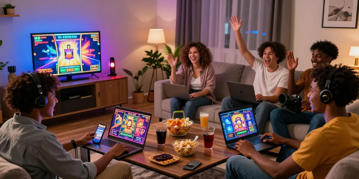 Situs slot deposit 10 ribu gamers enjoying lively game night with friends in a vibrant setting.