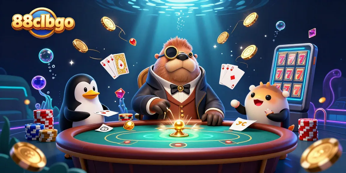 Engage in thrilling gameplay with 88clbgo’s underwater poker scene featuring cartoon characters at a vibrant casino.