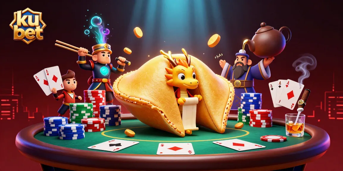 Engage with ku bet's captivating gaming scene featuring vibrant 3D illustrations of poker and fortune elements.
