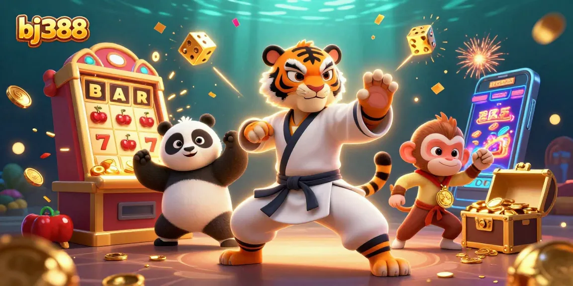 Experience the thrill of bj388 with a kung fu tiger, panda disciple, and a playful monkey in a dynamic casino scene.