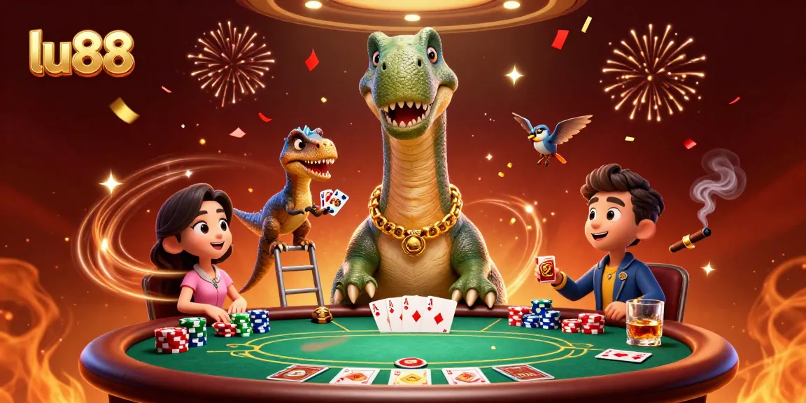 Join the fun at lu88 with a giant cartoon dinosaur and thrilling poker scene!