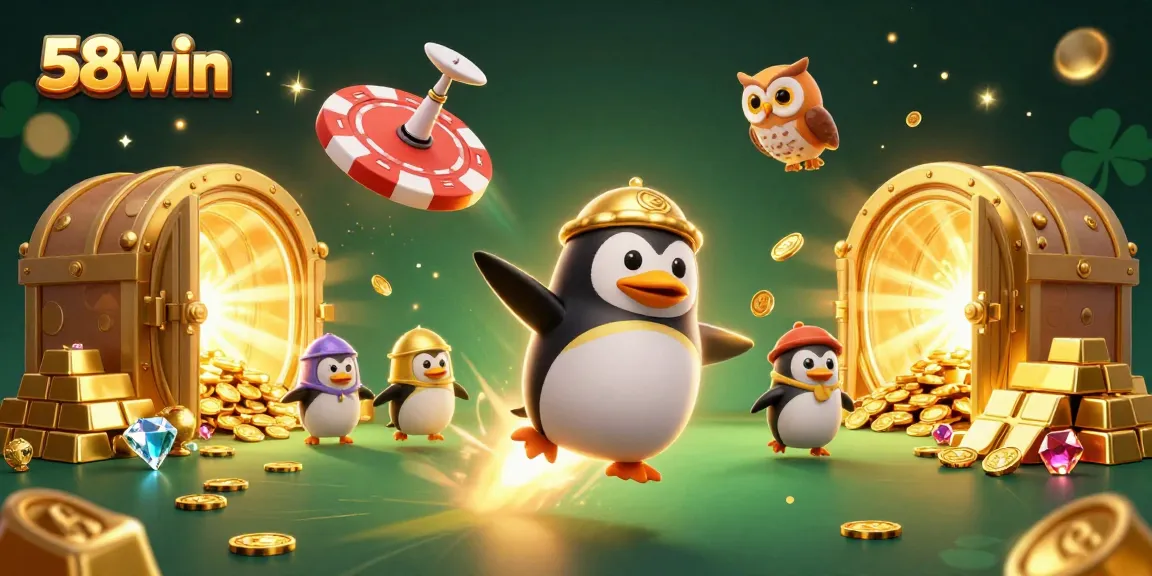 Experience the excitement of 58win with a golden penguin racing towards a vibrant casino space.