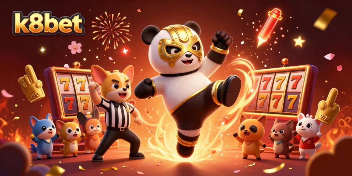 Engage in thrilling games with k8bet at a lively casino featuring animated characters and festive elements.