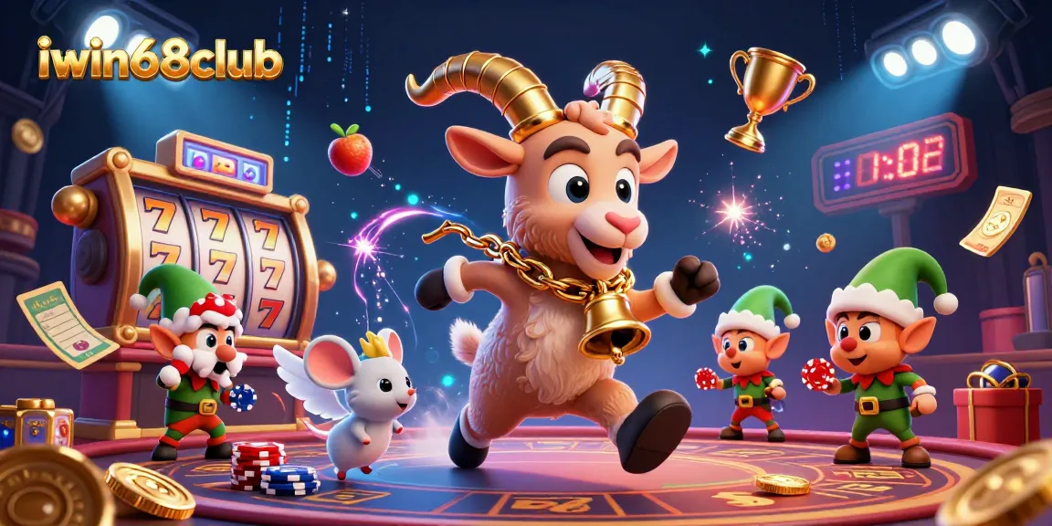 Experience the thrill at iwin68club with Krampus, a tiny angel mouse, and mischievous gremlins in a vibrant casino scene.
