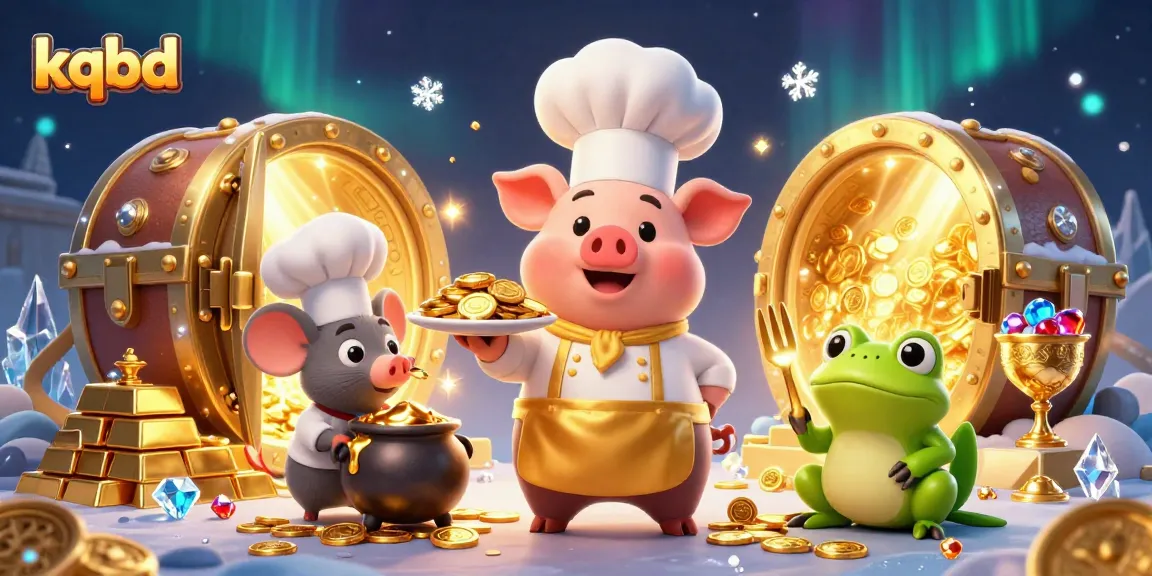 kqbd showcases a gourmet feast of gold coins served by a chef pig and critiqued by a frog.