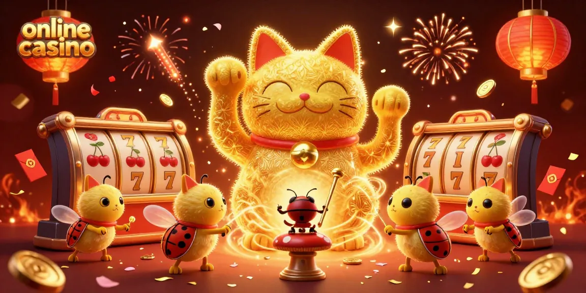 Experience vibrant excitement with online casino symbols and a lucky cat at a virtual gaming celebration.