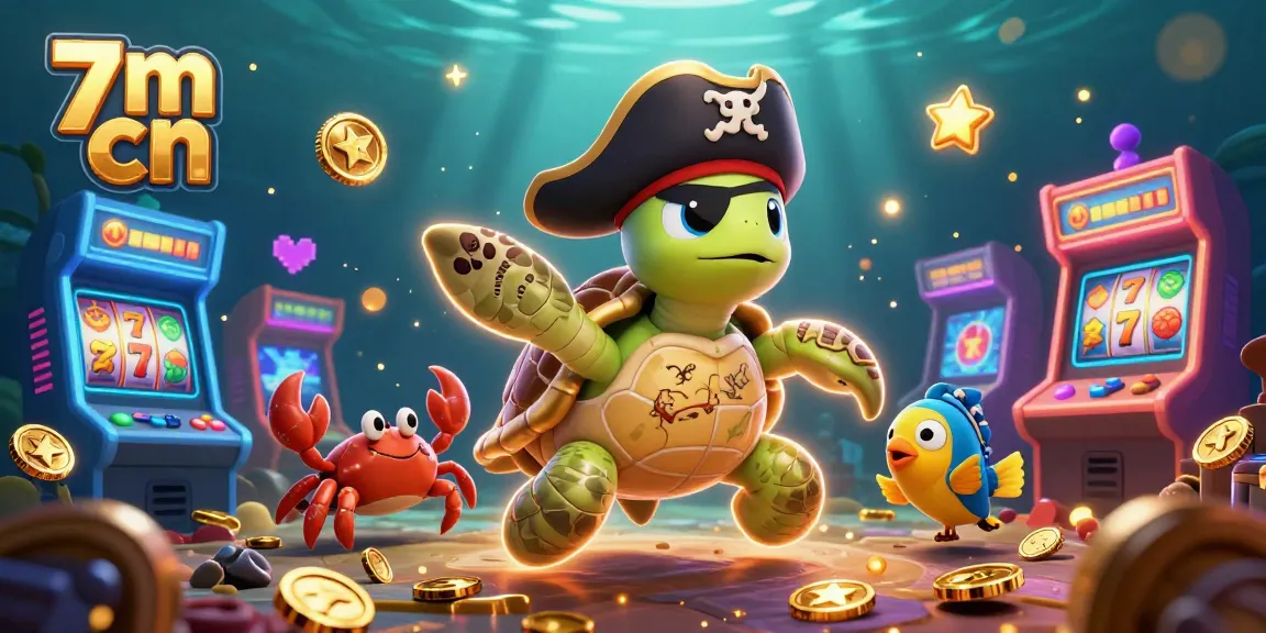 Engage with 7m cn slots featuring a colorful scene of a pirate turtle, hermit crab, and treasure.