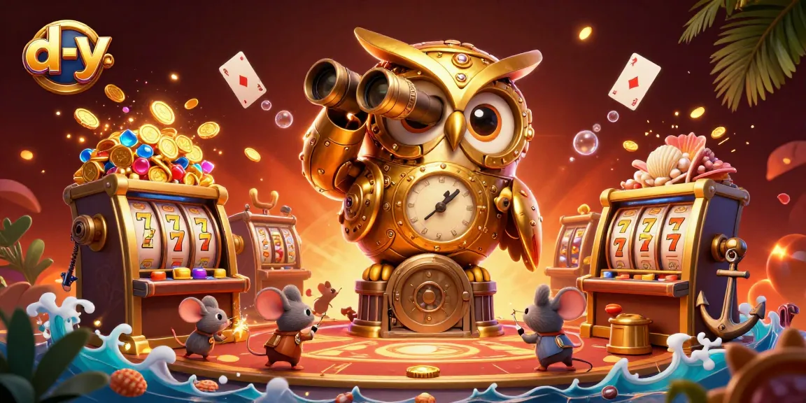 Engage with d-y’s dynamic casino scene featuring a golden owl and animated slot machines.