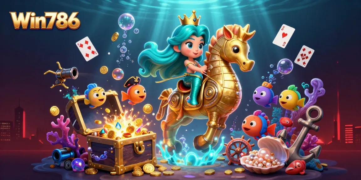Win786 elevates your gaming experience with vibrant 3D underwater adventure featuring a mermaid and treasure.