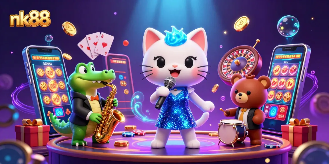 Experience thrilling wins at nk88 with a vibrant 3D casino scene showcasing engaging characters and lively gaming elements.