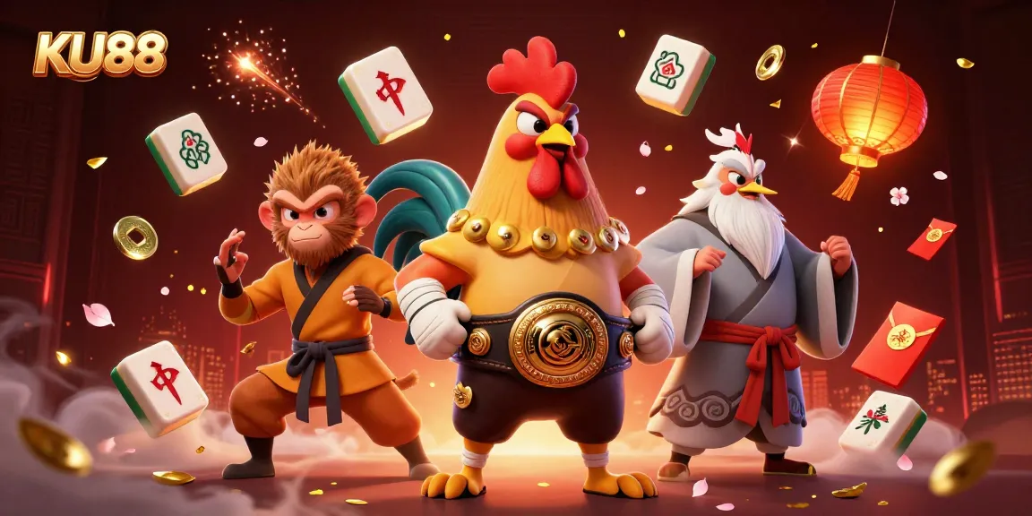 Engage with KU88's thrilling gambling experience featuring a dynamic 3D scene of mascot characters.
