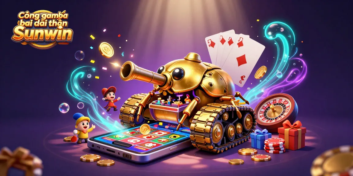 Cổng game bài đổi thưởng Sunwin showcases a vibrant 3D casino scene with gold beetle tank and engaging game elements.
