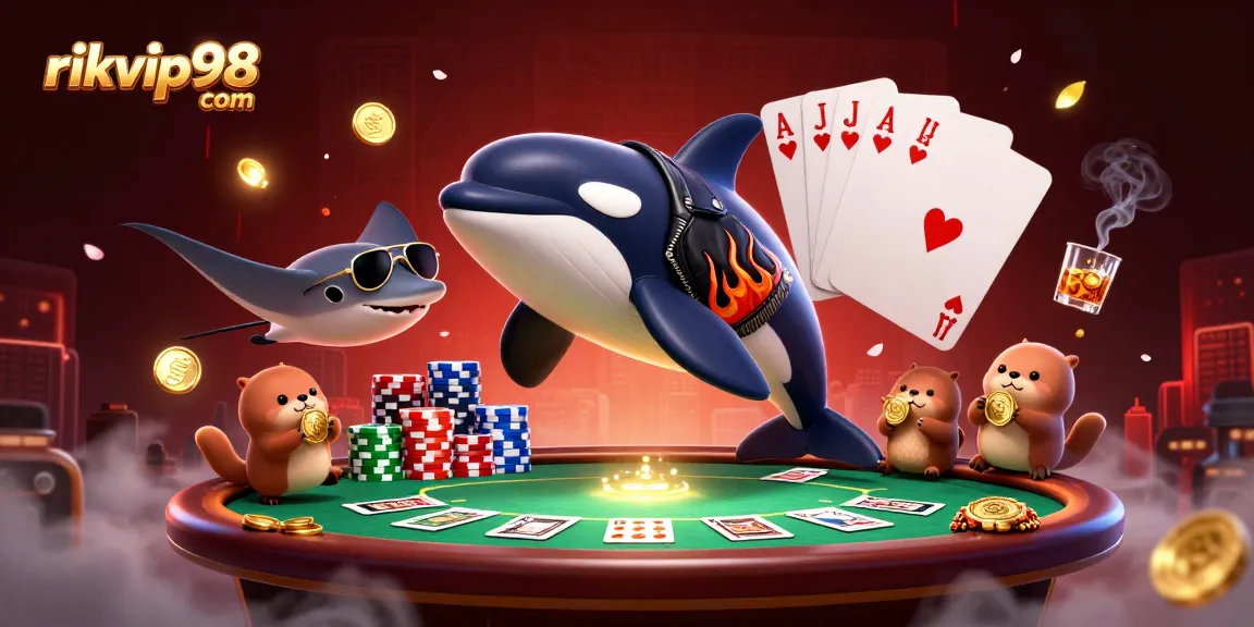 Experience thrilling action at rikvip98 com with an orca whale and a stingray in a lively casino scene.