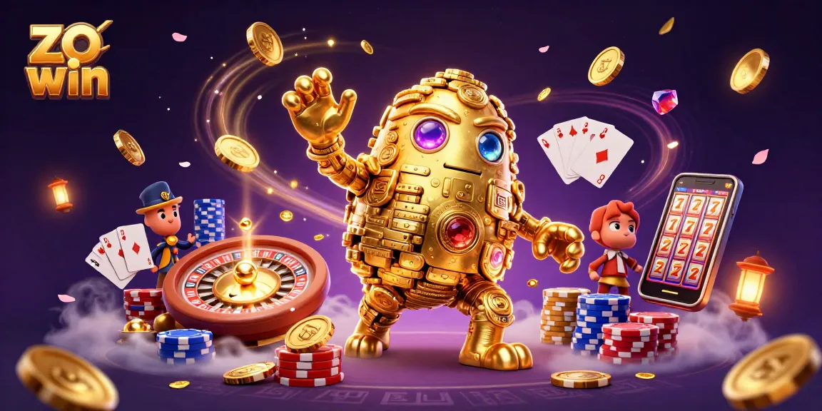 Engage with the thrilling energy of zo win as a golden golem conjures casino excitement with vibrant coins and cards.