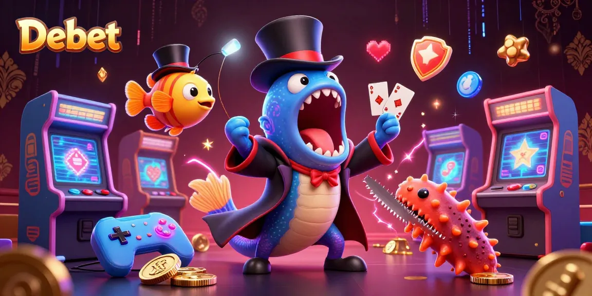 Debet players engaging in a colorful casino scene with glowing games and magical sea creatures.