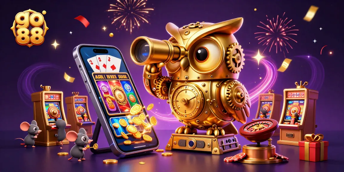Experience go 88's thrilling casino atmosphere with a vibrant scene featuring a golden owl and animated elements.