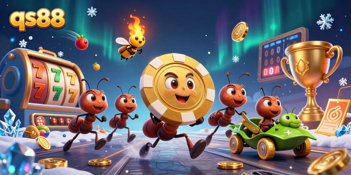 Join the exciting qs88 adventure with ants carrying giant poker chips amid vibrant casino fun.
